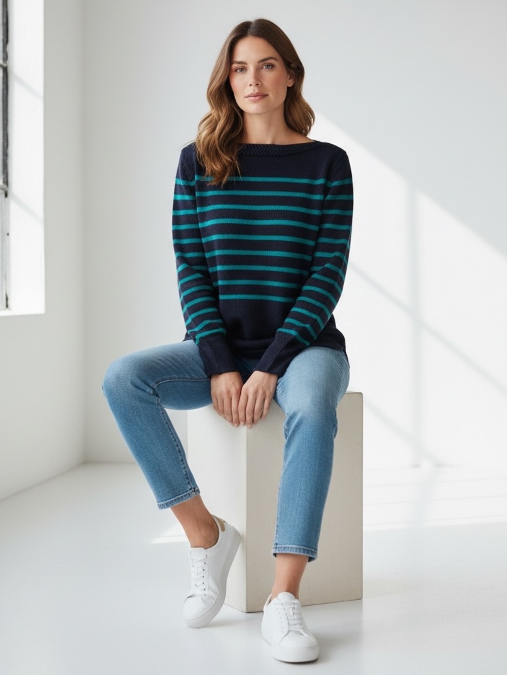 ANN TAYLOR LOFT Striped Boatneck Pullover Sweater Navy Green Women's Medium - Picture 2 of 12